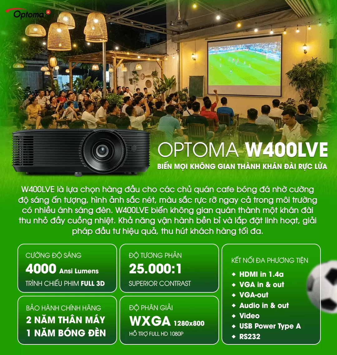 Optoma W400LVe m&aacute;y chiếu xem b&oacute;ng đ&aacute; chuy&ecirc;n nghiệp
