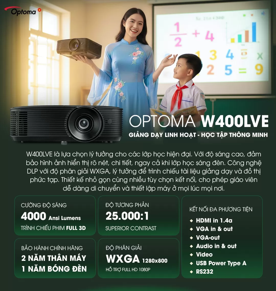 Optoma W400LVe m&aacute;y chiếu cho lớp học phục vụ giảng dạy